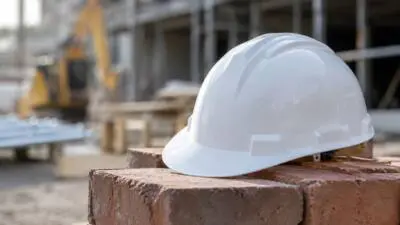 KI-Symbolbild: Ein weißer Schutzhelm liegt auf roten Ziegelsteinen vor einer Baustelle.