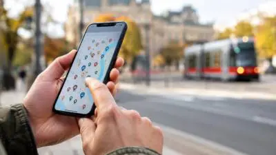 KI-generiertes Bild: Hände bedienen ein Smartphone mit Kartenansicht vor einer Straßenbahn.