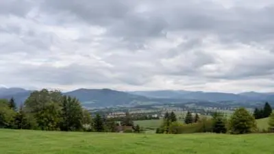 KI-Symbolbild: Eine grüne Hügellandschaft liegt unter dicht bewölktem Himmel.