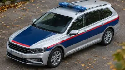 KI-Symbolbild: Ein silberner Kombi mit blau-roten Streifen und blauem Lichtbalken steht auf einer Straße.