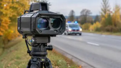 KI-Symbolbild: Ein schwarzes Messgerät auf einem Stativ neben einer Straße, dahinter ein Fahrzeug mit blauem Licht.