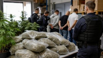 Polizist steht vor beschlagnahmten Cannabis-Säcken und festgenommenen Männern in einer Lagerhalle