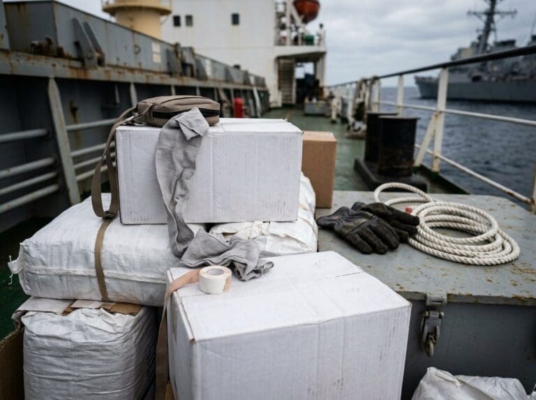 Stapel weißer Kartons und Säcke mit Handschuhen und Seilen auf dem Deck eines Schiffes auf dem Meer
