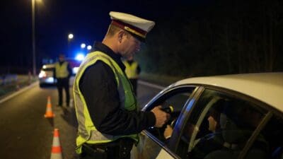 Polizist mit Warnweste und weißer Mütze kontrolliert Autofahrer bei Nacht mit Testgerät
