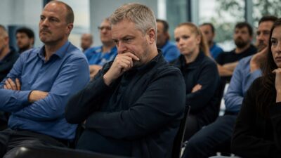 Ein Mann mit grauem Haar sitzt mit der Hand am Kinn in einer Mitarbeiterversammlung