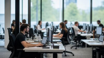 Junger Mann mit Bart arbeitet an einem Laptop in einem Großraumbüro mit weiteren Mitarbeitern und großen Fenstern