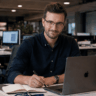 Mann mit Brille und Bart schreibt mit Stift neben Laptop am Schreibtisch im Büro