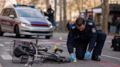 Polizist in Uniform kniet auf der Straße neben einem umgestürzten Fahrrad