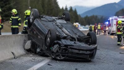 Ein schwarzer Pkw liegt auf dem Dach neben einer Betonmauer auf der Autobahn mit Feuerwehrleuten im Einsatz
