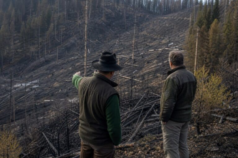 Zwei Männer stehen mit dem Rücken zur Kamera vor einer verkohlten Waldlandschaft, einer zeigt auf die Brandfläche.