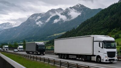Mehrere Lastkraftwagen fahren auf einer Autobahn vor schneebedeckten Bergen.