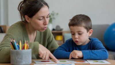 Eine Frau und ein Junge betrachten Bildkarten mit Früchten und Buchstaben auf einem Tisch.