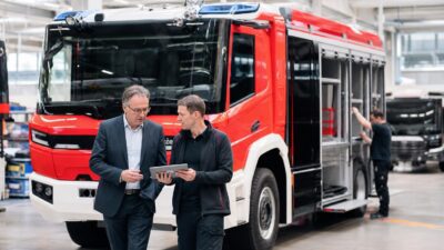 Zwei Männer stehen vor einem roten Feuerwehrfahrzeug in einer Produktionshalle und besprechen sich.