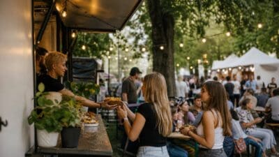 Frau mit kurzen blonden Haaren übergibt Schale mit Essen an Kundin vor Foodtruck im Park