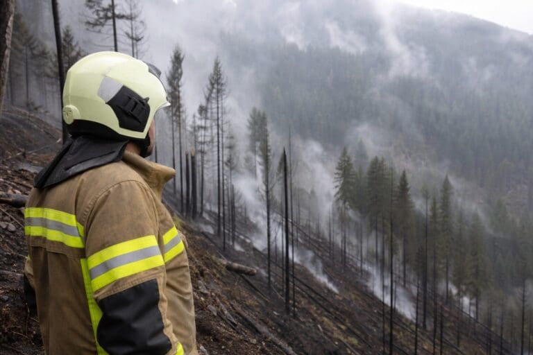 Feuerwehrmann in Schutzkleidung blickt auf verrauchten, abgebrannten Waldhang im Nebel