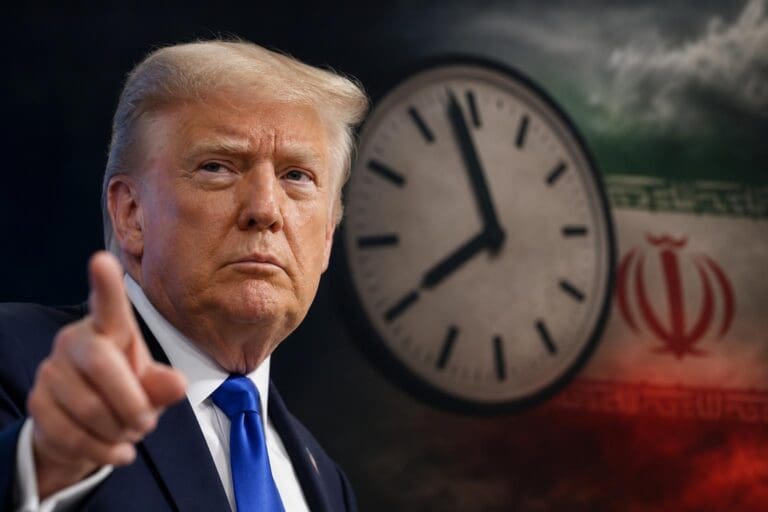Donald Trump zeigt mit ausgestrecktem Zeigefinger nach vorne vor einer Uhr und der iranischen Flagge.