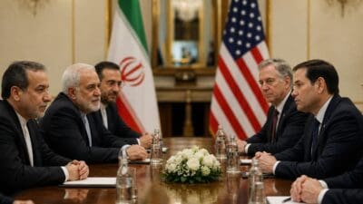 Iranische und amerikanische Diplomaten sitzen an einem Konferenztisch mit Flaggen im Hintergrund