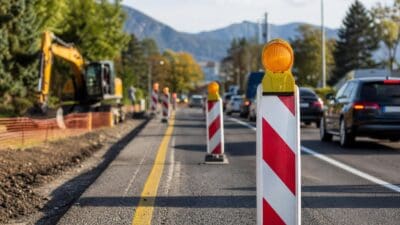 Rot-weiß gestreifte Absperrpfosten mit gelbem Blinklicht auf einer Straße mit Bauarbeiten und Fahrzeugen