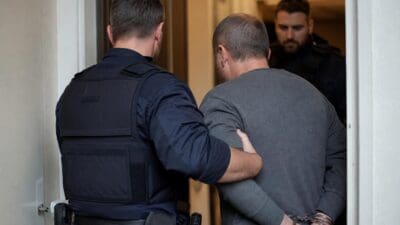 Polizist führt einen in Handschellen gefesselten Mann aus einer Wohnung