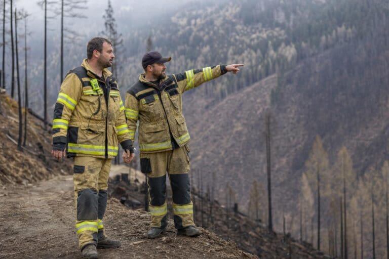 Zwei Feuerwehrleute in Schutzkleidung stehen auf einem Weg und blicken auf ein abgebranntes Waldgebiet.