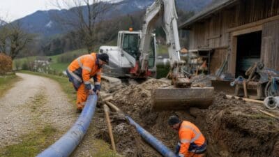 Zwei Bauarbeiter in orangener Schutzkleidung arbeiten an blauen Rohren in einem Erdgraben mit Bagger im Hintergrund