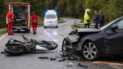 Zerstörtes Motorrad und beschädigtes schwarzes Auto nach Unfall auf Landstraße mit Rettungskräften