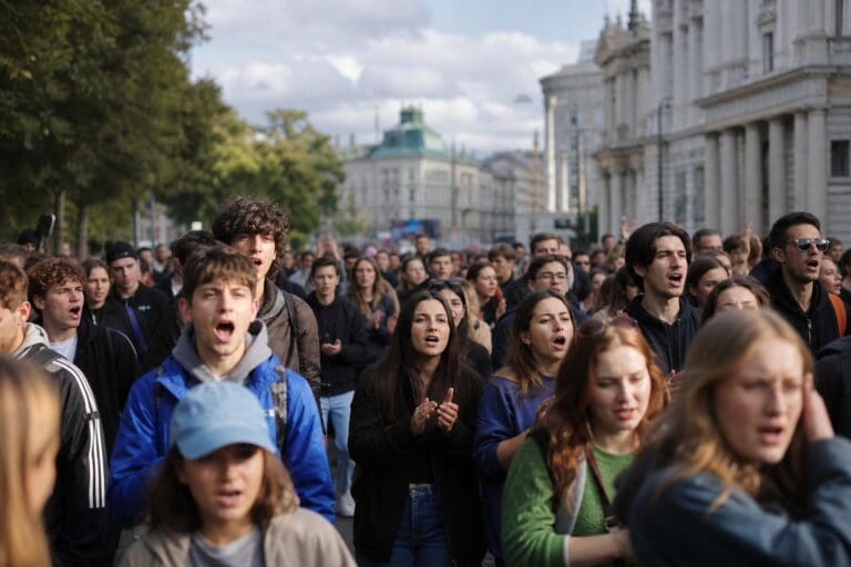 Große Gruppe junger Demonstranten marschiert singend durch eine Wiener Innenstadtstraße.