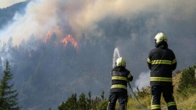 Zwei Feuerwehrleute in voller Schutzkleidung löschen einen Waldbrand am Berghang