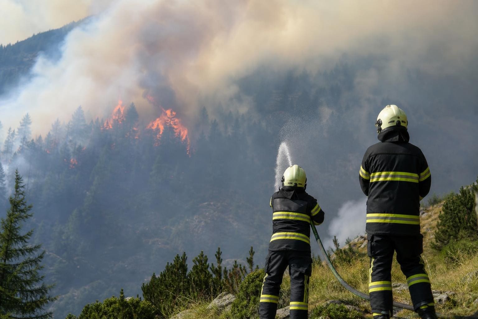 Zwei Feuerwehrleute in voller Schutzkleidung löschen einen Waldbrand am Berghang