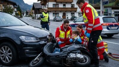 Rettungskräfte versorgen verletzten Jugendlichen neben unter Auto eingeklemmtem Moped an Straße