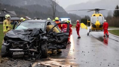 Zerstörtes schwarzes Auto nach Frontalkollision mit Rettungskräften und Hubschrauber auf nasser Straße