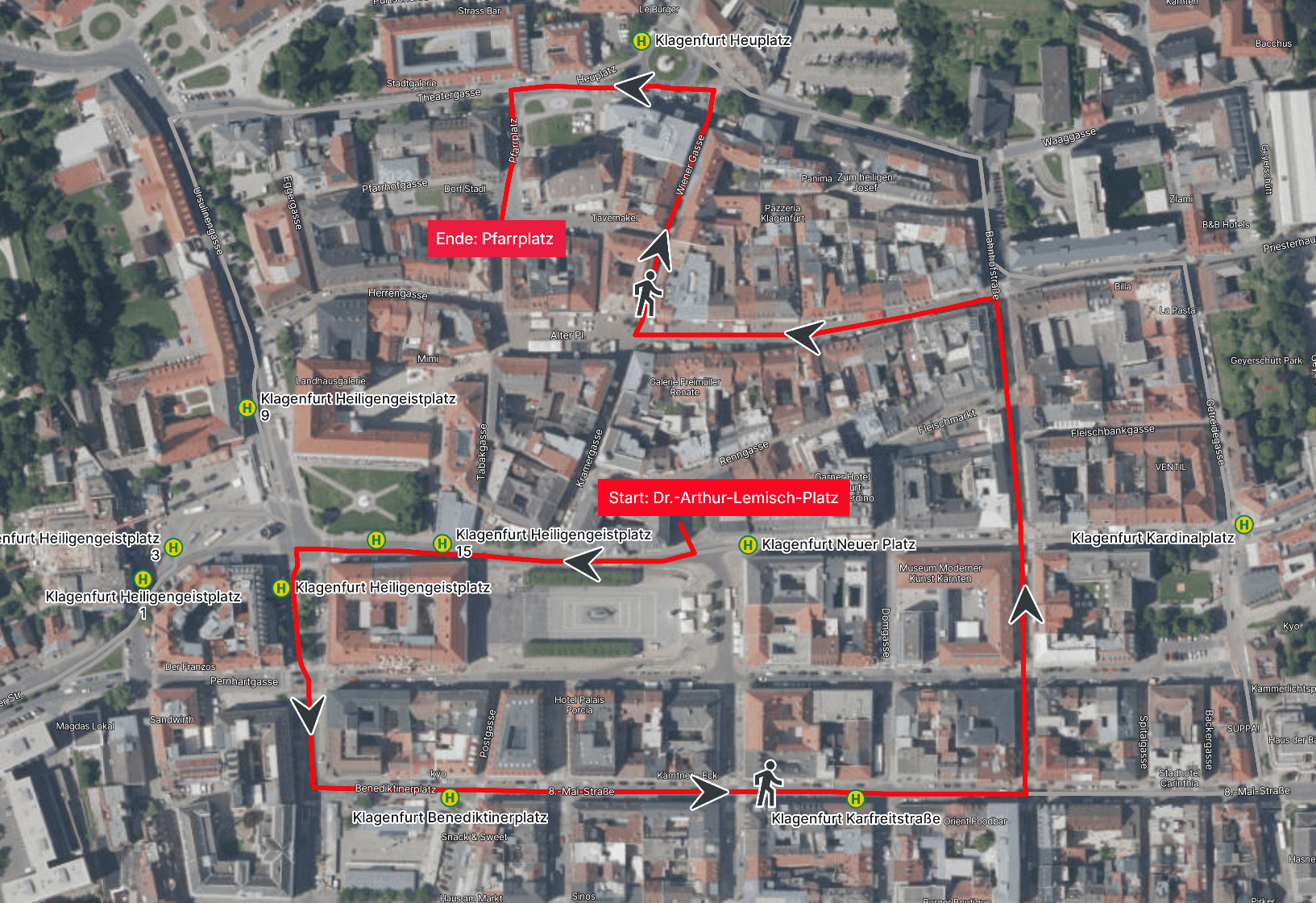 Satellitenkarte von Klagenfurt mit rot eingezeichneter Route einer Demonstration durch die Innenstadt
