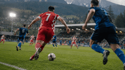 Fußballspieler in rotem Trikot mit Nummer sieben verfolgt den Ball auf dem Spielfeld