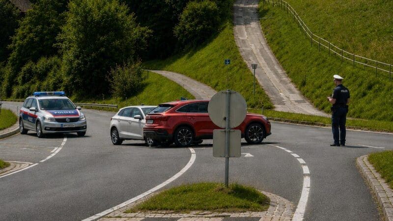 Polizeiauto, weißer Pkw und roter SUV an Kreuzung mit Polizist auf der Straße