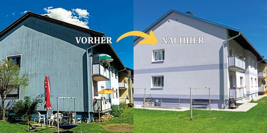 Vergleich zweier Wohnhäuser vor und nach der Fassadensanierung mit grauer und lilafarbener Außenwand