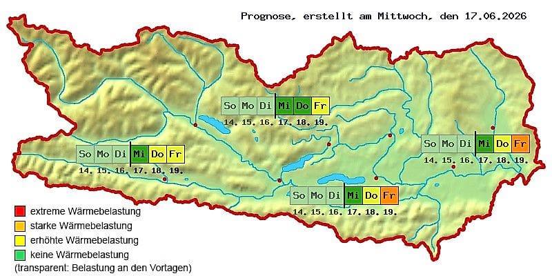 Karte von Kärnten mit farbigen Prognosefeldern zur Wärmebelastung für verschiedene Tage