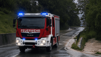 Rotes und weißes Feuerwehrfahrzeug mit Blaulicht auf nasser Straße