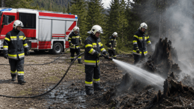 Feuerwehrleute löschen mit Wasserschlauch einen brennenden Baumstumpf im bergigen Wald