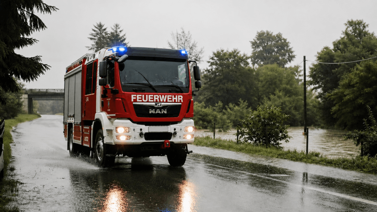 Rotes Feuerwehrfahrzeug mit Blaulicht fährt auf nasser Straße im Regen