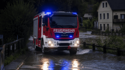 Rotes und weißes Feuerwehrauto fährt durch überflutete Straße bei Dämmerung mit Blaulicht