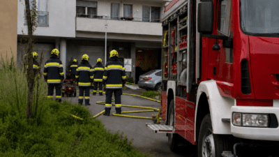 Feuerwehrleute in Schutzkleidung stehen vor einem roten Feuerwehrfahrzeug vor einem Wohngebäude