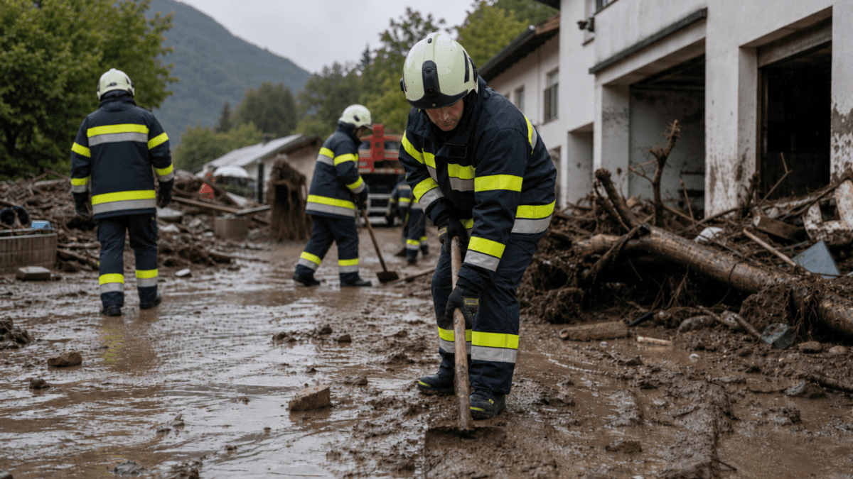 Feuerwehrmänner in Einsatzkleidung räumen Schlamm und Holztrümmer in einem überfluteten Ortsteil