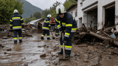 Feuerwehrmänner in Einsatzkleidung räumen Schlamm und Holztrümmer in einem überfluteten Ortsteil