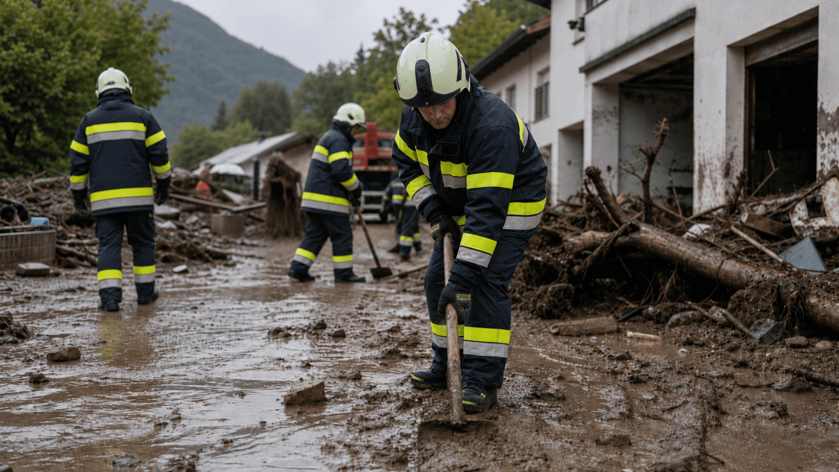Feuerwehrmänner in Einsatzkleidung räumen Schlamm und Holztrümmer in einem überfluteten Ortsteil