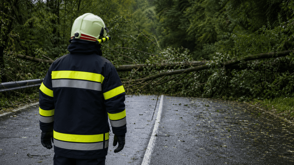 Feuerwehrmann in Schutzkleidung steht vor umgestürzten Bäumen auf einer gesperrten Straße im Wald