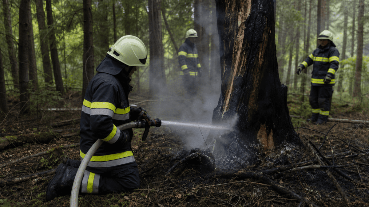 Feuerwehrmann in Schutzkleidung kniet und sprüht Wasser auf verkohlten Baumstamm im Wald