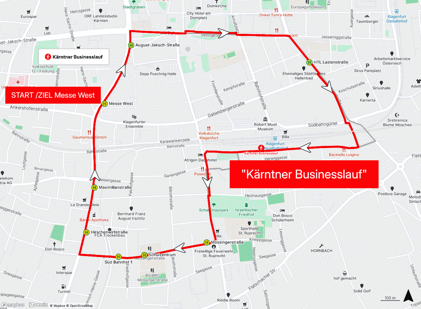 Stadtplan von Klagenfurt mit rot markierter Strecke des Kärntner Businesslaufs vom Messegelände aus