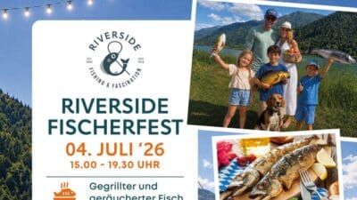 Werbeplakat für das Riverside Fischerfest mit Familie und gegrilltem Fisch