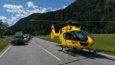 Gelber Rettungshubschrauber Christophorus 7 der ÖAMTC auf einer Landstraße mit wartenden Autos