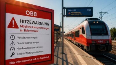 Rotes ÖBB Warnschild mit Hitzewarnung auf einem Bahnsteig neben einem Zug